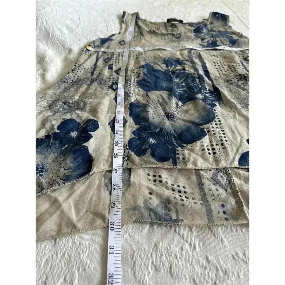 Lagenlook Bella Amore Italy Tunic Top Blue Beige Floral Hankie Hem Layering Sz S - Picture 6 of 10